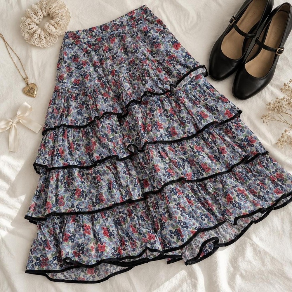 Vintage floral skirt  antique 1940s blue floral skirt